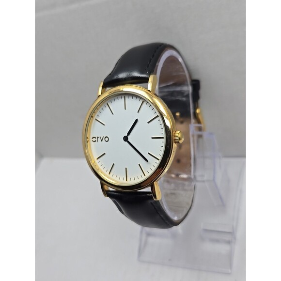 Arvo Time Sawyer Gold White Dial Black Leather Quartz Watch New Battery Mens - Picture 2 of 12